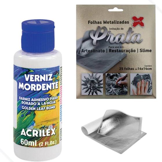 Imagem de Kit Verniz Mordente Acrilex 60ml + 25 Folhas de Prata 14x14