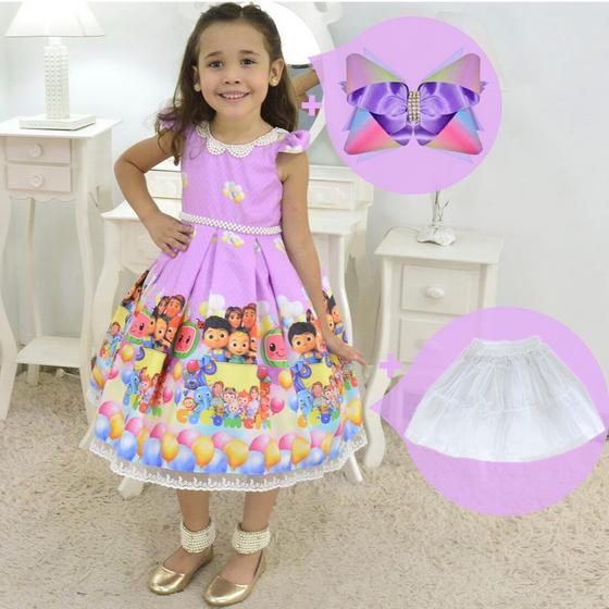 Imagem de Kit Vestido CoComelon Rosa Lilás Luxuoso + saia de filó + Laço