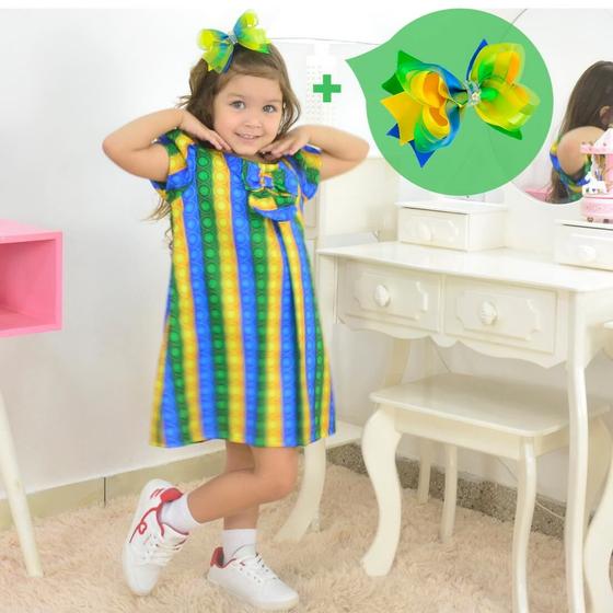 Imagem de Kit Vestido Copa Pop It Brasil Verde Amarelo + 1 Laço