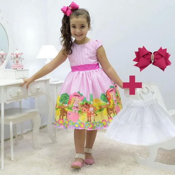 Imagem de Kit Vestido festa tema fazendinha + laço cabelo + saia de filó