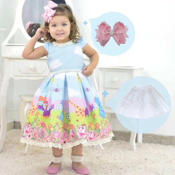 Imagem de Kit Vestido Galinha Pintadinha Luxuoso Azul + Saia de Filó + Laço