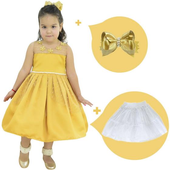 Imagem de Kit Vestido Infantil Dourado Tule Ilusion  + Saia de Filó + Laço