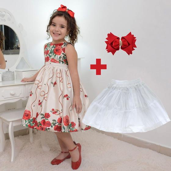 Imagem de Kit Vestido infantil floral bege + Laço cabelo + Saia de Armação