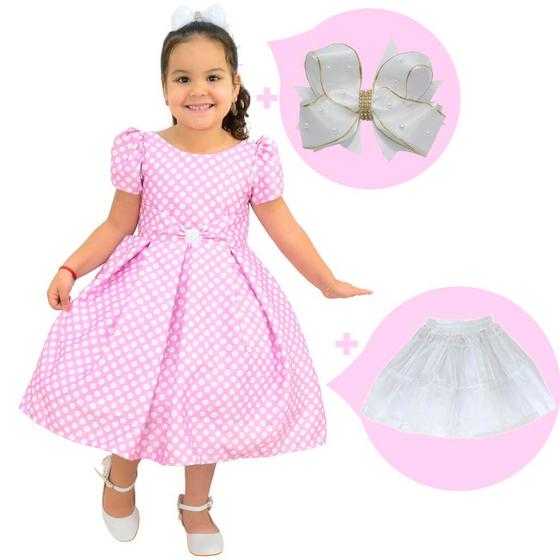 Imagem de Kit Vestido Rosa Poá Bolinhas Brancas + Saia de filó + Laço