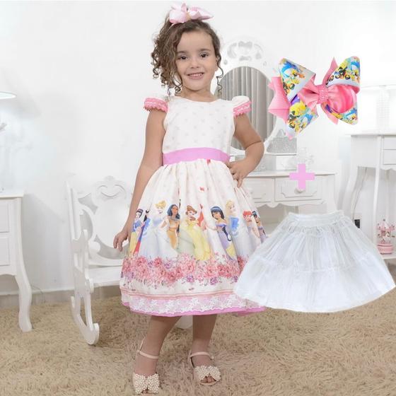 Imagem de Kit Vestido tema as princesas + laço cabelo + saia filó