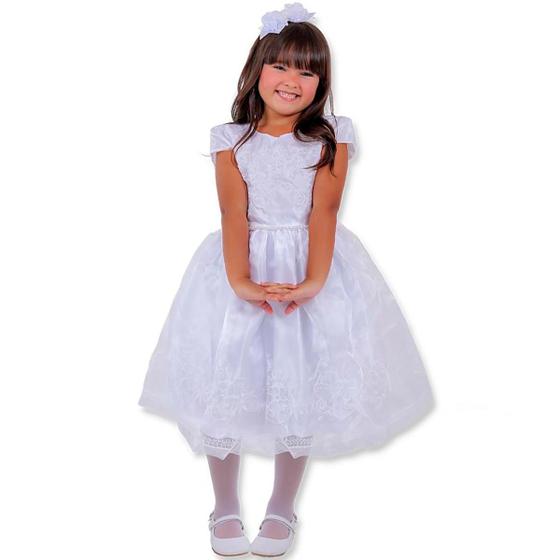 Imagem de kit vestido tutu branco infantil menina c/ laço de cabelo para batizado daminha florista reveillon 4 6 8 anos