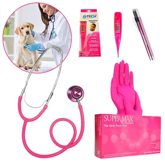 Imagem de Kit Veterinário Básico Clinico Rosa Estetoscópio , Luva Nitrilica , Termometro e Lanterna