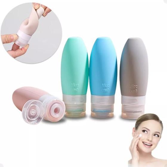 Imagem de Kit Viagem 4 Frascos Silicone Porta Creme Shampoo Condicionador 90ml