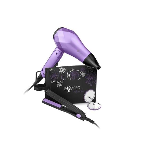 Imagem de Kit Viagem Essenza com Mini Secador Bivolt 1000W Dobrável Mini Prancha De Viagem 20W Espelho Bolsa Transportável - EB052