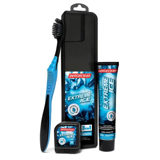 Kit Viagem Porta Escova com Escova de Dente Pasta e Fio Dental Extreme Ice Estojo Dentalclean Menor preço em Kit Viagem Porta Escova com Escova de Dente Pasta e Fio Dental Extreme Ice Estojo Dentalclean