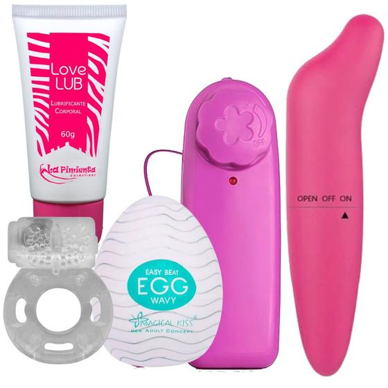 Imagem de Kit Vibrador Multivelocidades Bullet + Vibrador Ponto G Golfinho + Anel Peniano Retardante + Lubrificante Love Lub + Egg