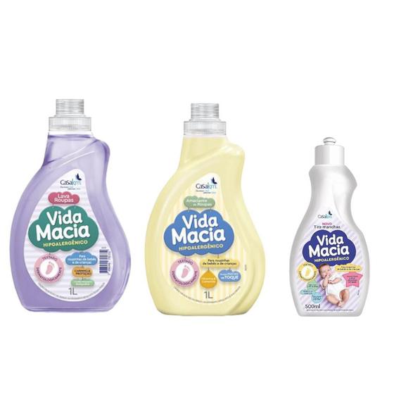 Imagem de Kit vida macia lava roupas 1l + amaciante 1l + tira manchas 500ml