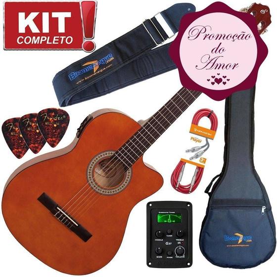 Imagem de Kit Violão Giannini Flat Eletroacústico Nf14 Nt Nylon Com Afinador + Correia + Capa + Cabo + Palheta