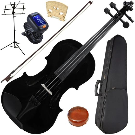 Imagem de Kit Violino Barato Preto 4/4 Estojo Arco Breu Ronsani C/ Acessórios