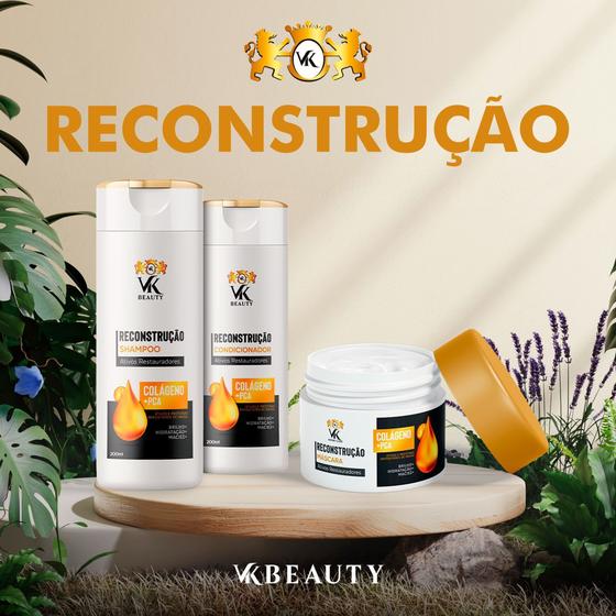 Imagem de Kit VK BEAUTY RECONSTRUÇÃO - Colágeno + PCA (shampoo 200ml + condicionador 200ml + mascara 250g)