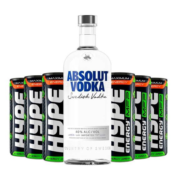 KIT Vodka Importada Absolut Original 1 Litro + 06 Energéticos Hype