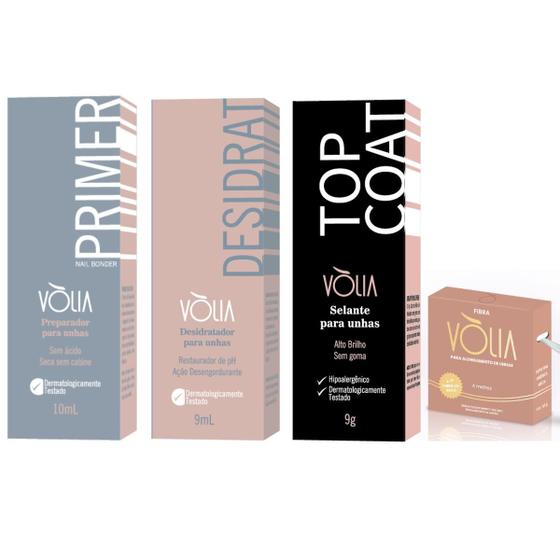 Imagem de Kit Volia Top Coat + Desidrat+ Primer + Fibra de Vidro Volia