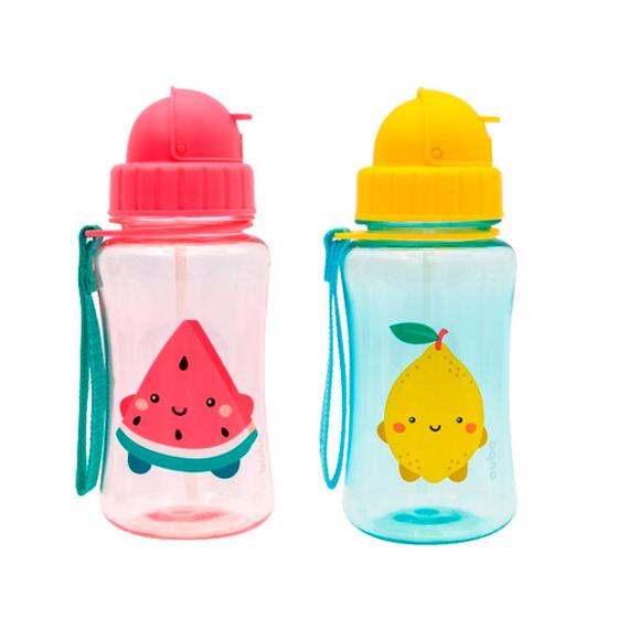 Imagem de Kit Volta às Aulas Garrafinha Plástica Frutti Fun Melancia/Limão Buba Garrafa Canudo Silicone Sem BPA Alça Transporte