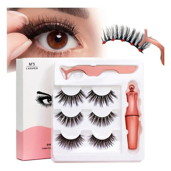 Imagem de KIT VOLUMOSO - COM 3 Pares de Cílios Postiços Magnéticos 5 imãs + Delineador + Aplicador - STRONG - Lashes