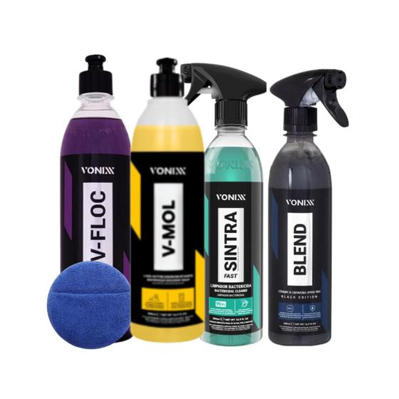 Imagem de Kit Vonixx Blend Spray Black  VFloc  VMol  Sintra Fast Todos 500ML e Aplicador Microfibra Encaixe Mão