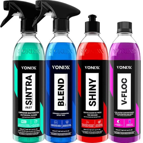 Imagem de Kit Vonixx Limpa Encera e Brilho Duradouro para Pneus Sintra Fast + Shiny + V-Floc + Cera Blend Spray