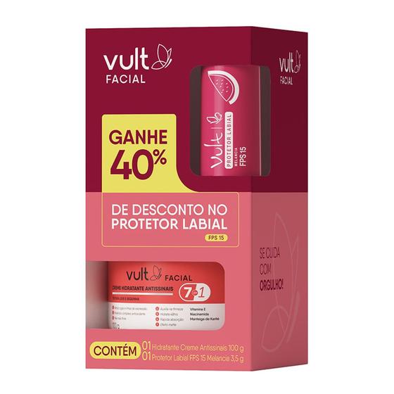 Imagem de Kit Vult Facial Creme Hidratante Antissinais 100g e Ganhe 40% de Desconto Protetor Labial FPS 15 Sabor Melancia 3,5g