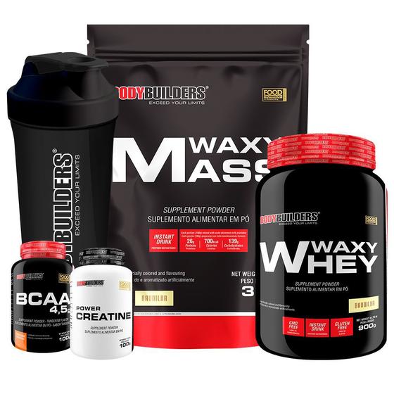 Imagem de Kit Waxy Mass 3kg + Waxy Whey 900g + Power Creatina 100g + BCAA 100g + Coqueteleira - Bodybuilders