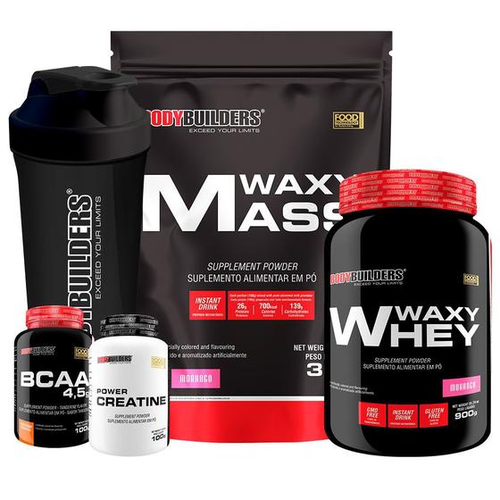 Imagem de Kit Waxy Mass 3kg + Waxy Whey 900g + Power Creatina 100g + BCAA 100g + Coqueteleira - Bodybuilders
