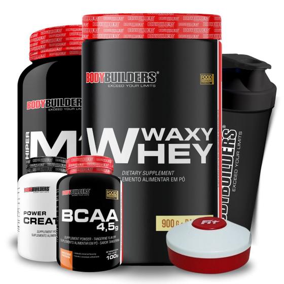 Imagem de Kit Waxy Whey 900g + Amazing Mass 1,5kg + BCAA 100g + Power Creatina 100g + Coqueteleira + Porta Caps - Bodybuilders