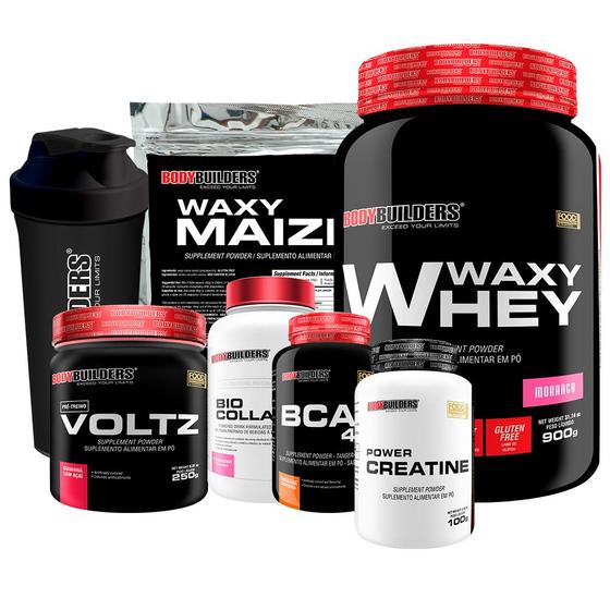 Imagem de Kit Waxy Whey 900g + Voltz 250g+ BCAA 100g + Creatine 100g + Waxy Maize 800g+ Colágeno + Coqueteleira - Bodybuilders