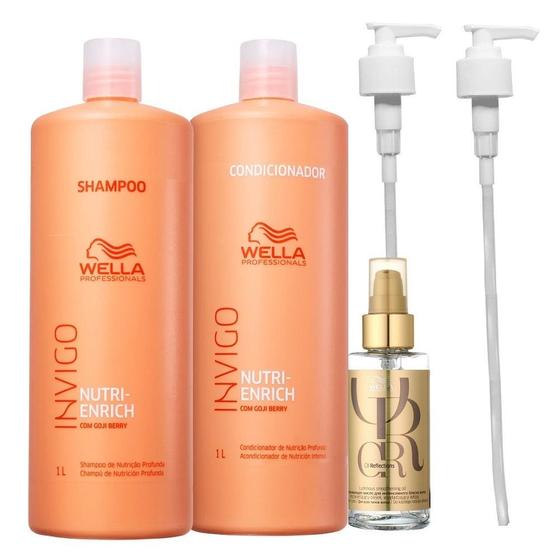 Imagem de Kit Wella Professionals Invigo Nutri-Enrich Shampoo 1 Litro + Condicionador 1 Litro + Oil Reflections 100ml + Válvulas Pump