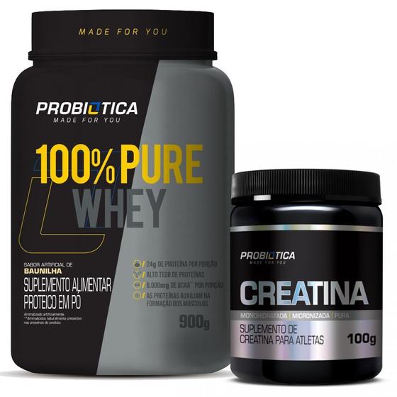 Kit Whey 100 Pote 900g + Creatina Pure em Pó 100g Probiotica No
