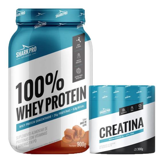 Imagem de Kit Whey 100% Protein 900g Sabor Doce De Leite Shark Pro + Creatina Monohidratada 300g Shark Pro