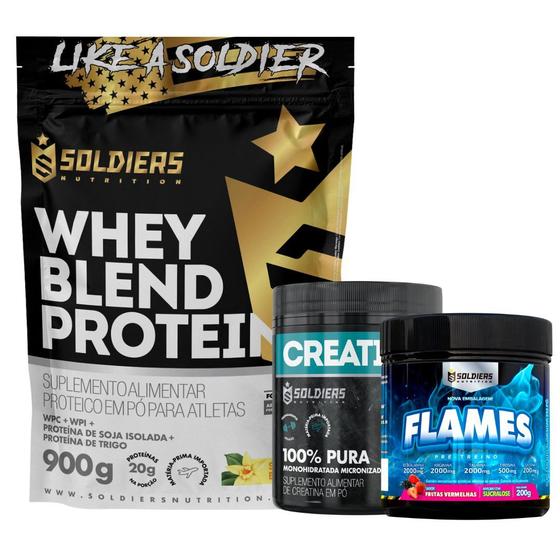 Imagem de Kit: Whey Blend Protein Concentrado e Isolado 900g +Creatina Monohidratada Pote 300g 100% Pura+Pré-Treino Flames 200g