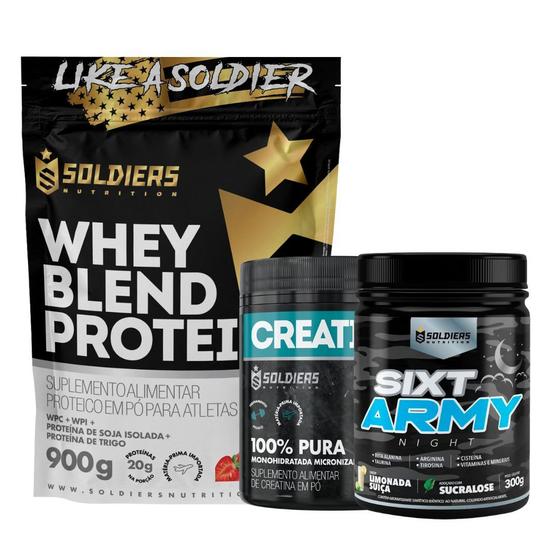 Imagem de Kit: Whey Blend Protein Concentrado e Isolado 900g+Creatina Monohidratada Pote 300g 100% Pura+Pré-Treino Sixt Army 300g