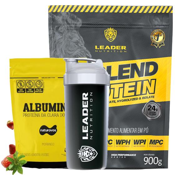 Imagem de Kit Whey Hi-Blend Protein 900g Leader (Morango) + Albumina 420g Naturovos (Morango) + Coqueteleira