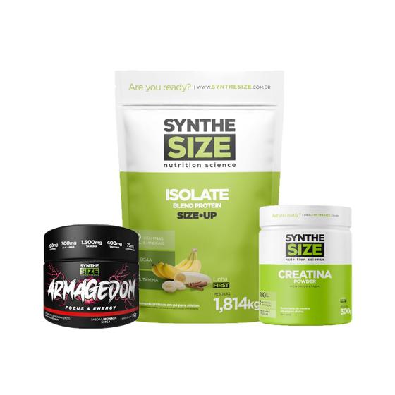 Imagem de Kit Whey Isolate Refil 1814g Banana C/Canela + Armagedom 150g Limonada Suíça + Creatina 300g Synthesize