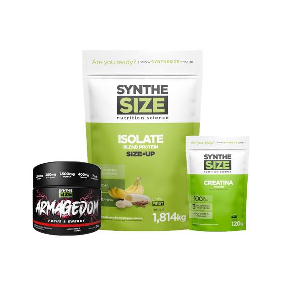 Imagem de Kit Whey Isolate Refil 1814g Banana C/Canela + Armagedom 150g Maçã-Verde + Creatina 120g Synthesize