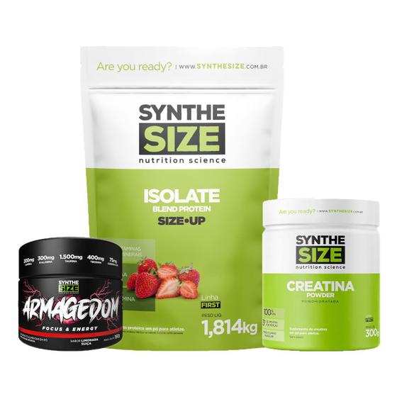 Imagem de Kit Whey Isolate Refil 1814g Morango + Armagedom 150g Limonada Suíça + Creatina 300g Synthesize