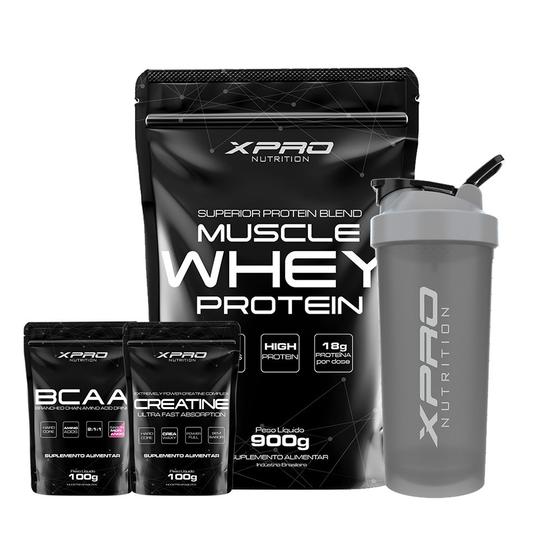 Kit Whey Muscle Protein 900g + Creatina 100g + Bcaa 100g + Coqueteleira 700ml - Xpro Nutrition Menor preço em Kit Whey Muscle Protein 900g + Creatina 100g + Bcaa 100g + Coqueteleira 700ml - Xpro Nutrition
