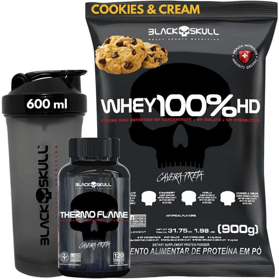 Imagem de Kit Whey Protein 100% HD Pure 900g REFIL + Thermo Flame Termogênico 120 Tabletes + Coqueteleira 600ml - KIT BLACK SKULL