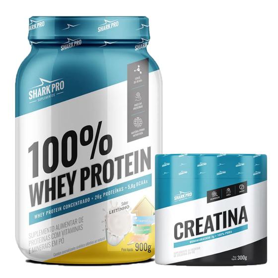 Imagem de Kit Whey Protein 100% Whey Pote 900g Leitinho Shark Pro + Creatina Monohidratada 300g Shark Pro