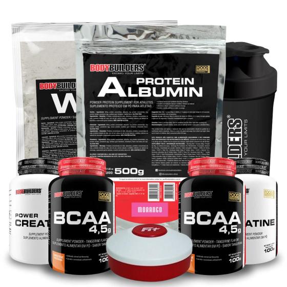 Imagem de Kit Whey Protein 500g + Albumin Protein 500g + 2x BCAA 100g + 2x Power Creatina 100g + Coque + Porta Capsulas - Bodybuilders