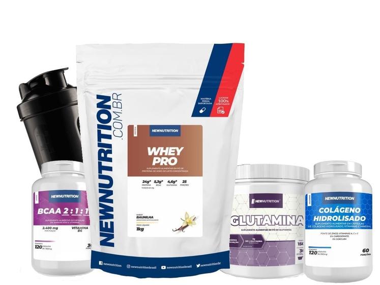 Imagem de Kit Whey Protein BCAA Glutamina Colágeno Shaker New Nutrition