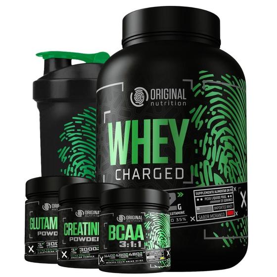 Kit Whey Protein Charged ON + Bcaa + Glutamina + Creatina + Shaker