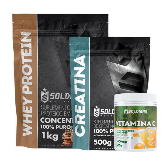 Imagem de Kit: Whey Protein Concentrado 1Kg + Creatina Monohidratada 500g + Vitamina C Em Pó 500g - 100% Importado - Soldiers Nutr