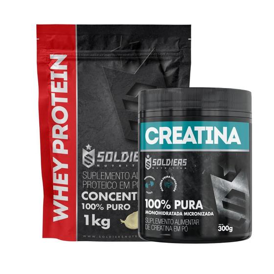 Imagem de Kit: Whey Protein Concentrado 1Kg + Creatina Monohidratada Pote 300g - 100% Pura Importada - Soldiers Nutrition