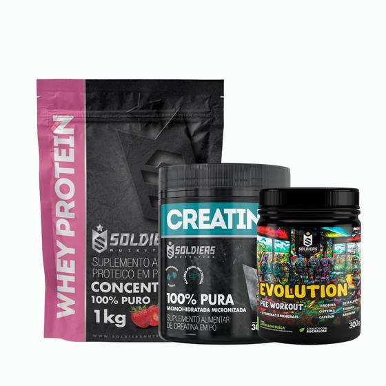 Kit: Whey Protein Concentrado 1kg+Creatina Monohidratada Pote 300g - 100% Pura+Pré-Treino Evolution Pré Workout 300g - S - Soldiers Nutrition Imagem de Kit: Whey Protein Concentrado 1kg+Creatina Monohidratada Pote 300g - 100% Pura+Pré-Treino Evolution Pré Workout 300g - S
