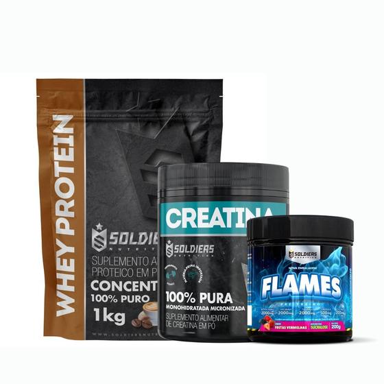 Imagem de Kit: Whey Protein Concentrado 1kg+Creatina Monohidratada Pote 300g - 100% Pura+Pré-Treino Flames 200g - Soldiers Nutriti