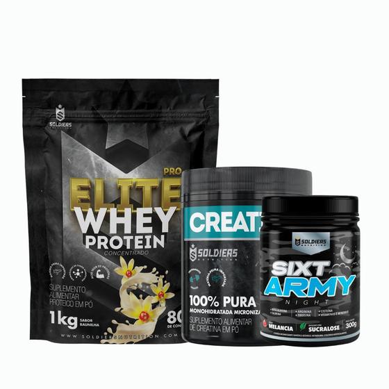 Imagem de Kit: Whey Protein Elite-Pro 1kg+Creatina Monohidratada Pote300g 100% Pura+Pré-Treino Sixt Army300g Night 300g - Soldiers